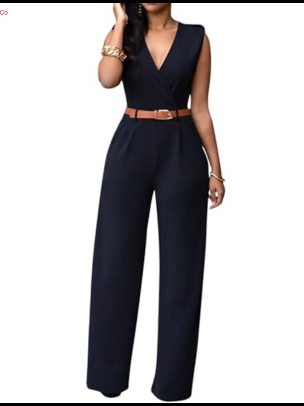 Sleeveless V-Neck Wide Leg Jumpsuit with Pockets & Belt